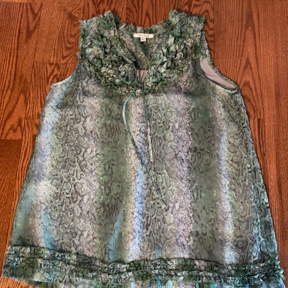 NWOT WOMEN’S RUFFLED sleeveless BLOUSE green snakeskin pattern neck tie L - Picture 11 of 16